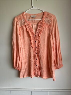 Vintage America Peach Button-Front Lace Yoke Blouse
